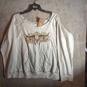 Cheekys “Cheeky Junkie” Off-Shoulder Sweatshirt XX Gray Floral Cow Skull Graphic